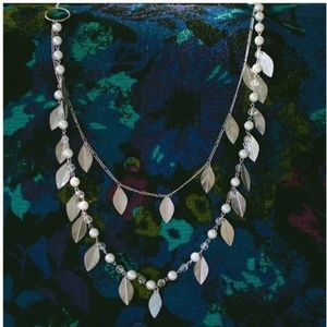 Vintage Y2K Layered Chain & Faux Pearl Necklace w/ Dangling Leaves